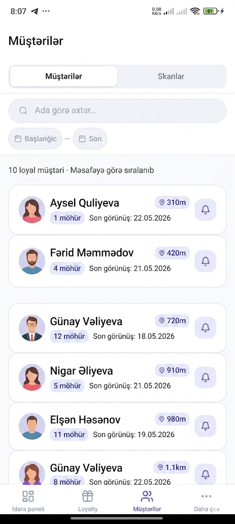 CloyoBoss müştəri siyahısı — loyalty möhürlər və son ziyarət
